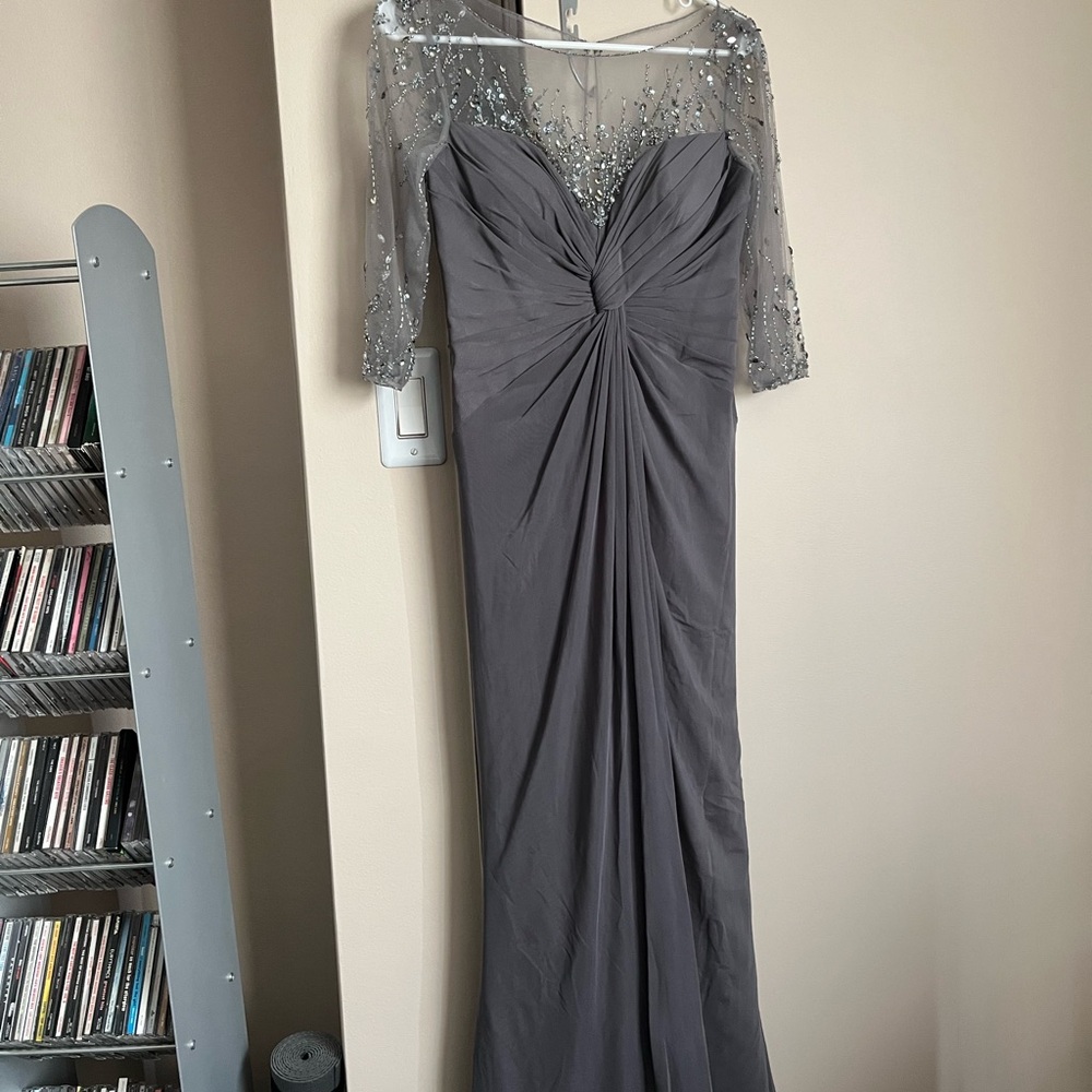 Montage by Mon Cheri Gray Beaded Illusion Sleeve Evening Gown